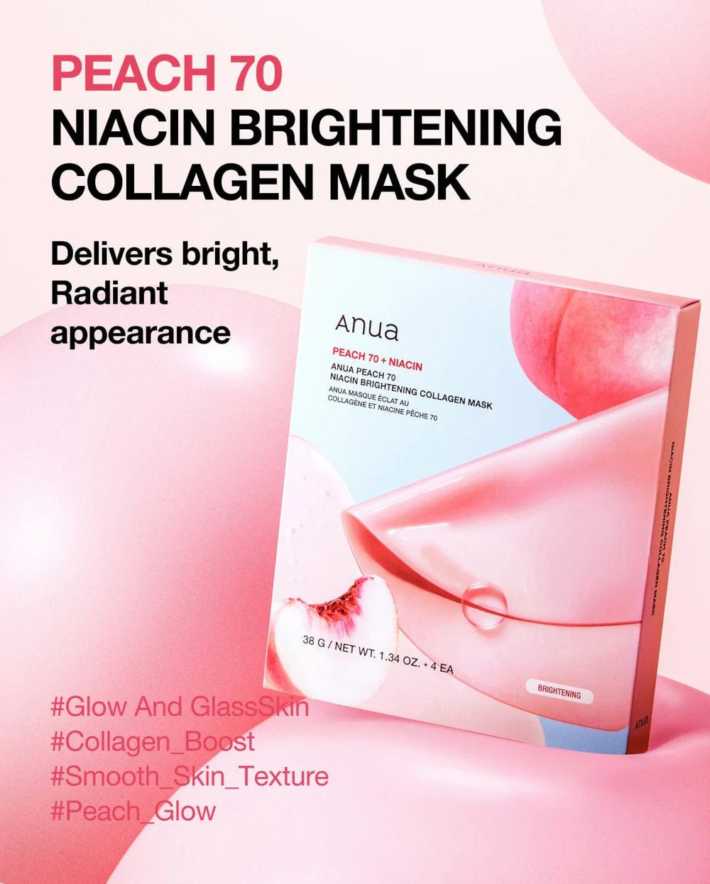 Anua Collagen Mask (Original) – Peach 70 + Niacin & Rice 70 + Ceramide (4 Sheets) | Hydrating, Brightening & Firming K-Beauty Mask