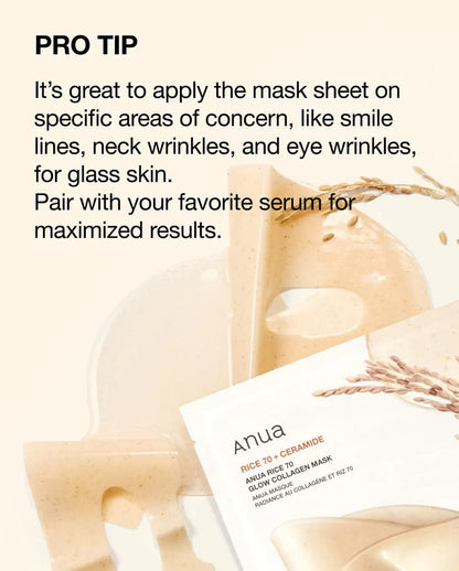 Anua Collagen Mask (Original) – Peach 70 + Niacin & Rice 70 + Ceramide (4 Sheets) | Hydrating, Brightening & Firming K-Beauty Mask