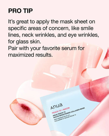 Anua Collagen Mask (Original) – Peach 70 + Niacin & Rice 70 + Ceramide (4 Sheets) | Hydrating, Brightening & Firming K-Beauty Mask